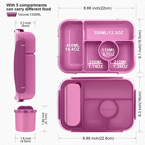 Amathley Bento Lunch box for kids, Adults/Kids/Toddler,5 Compartments with Sauce Vontainers,Microwave & Dishwasher & Freezer Safe, BPA Free(Purple)