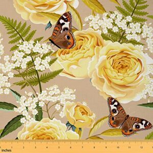 rose fabric by the yard, butterfly floral upholstery fabric, romantic retro decor fabric, botanical animal indoor outdoor fabric, elderberry fern leaves waterproof fabric, yellow green, 2 yards