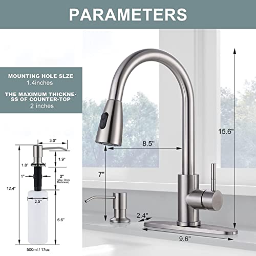 WOWOW Kitchen Sink Faucet with Soap Dispenser, Stainless Steel Pull Down Kitchen Faucet Brushed Nickel Utility Sink Faucet Single Handle High Arc Kitchen Tap for Sink, RV, Laundry, Bar