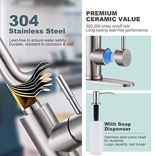 WOWOW Kitchen Sink Faucet with Soap Dispenser, Stainless Steel Pull Down Kitchen Faucet Brushed Nickel Utility Sink Faucet Single Handle High Arc Kitchen Tap for Sink, RV, Laundry, Bar