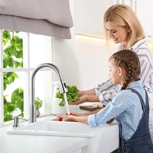 WOWOW Kitchen Sink Faucet with Soap Dispenser, Stainless Steel Pull Down Kitchen Faucet Brushed Nickel Utility Sink Faucet Single Handle High Arc Kitchen Tap for Sink, RV, Laundry, Bar