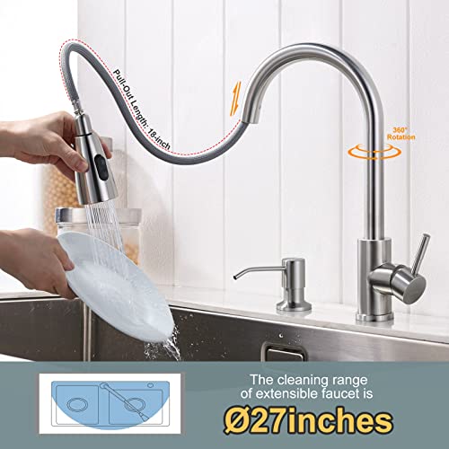 WOWOW Kitchen Sink Faucet with Soap Dispenser, Stainless Steel Pull Down Kitchen Faucet Brushed Nickel Utility Sink Faucet Single Handle High Arc Kitchen Tap for Sink, RV, Laundry, Bar