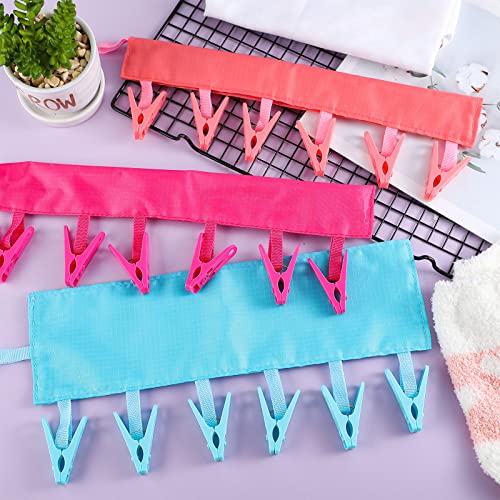 6 Pcs Portable Travel Hangers Foldable Cloth Socks Drying Hanger Multicolor Clothespin Clothes Hanger Travel Accessories Folding Clothes Drying Rack for Travel or Home, Blue, Watermelon Red, Rose Red