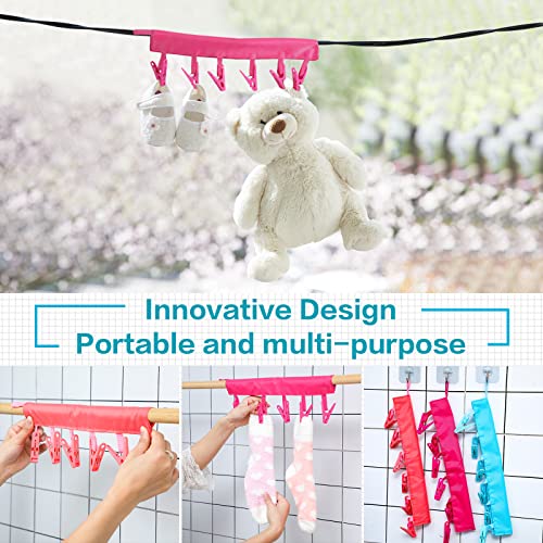 6 Pcs Portable Travel Hangers Foldable Cloth Socks Drying Hanger Multicolor Clothespin Clothes Hanger Travel Accessories Folding Clothes Drying Rack for Travel or Home, Blue, Watermelon Red, Rose Red