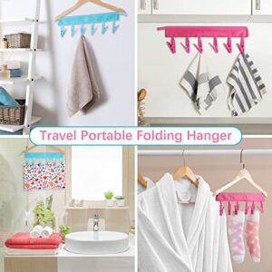 6 Pcs Portable Travel Hangers Foldable Cloth Socks Drying Hanger Multicolor Clothespin Clothes Hanger Travel Accessories Folding Clothes Drying Rack for Travel or Home, Blue, Watermelon Red, Rose Red