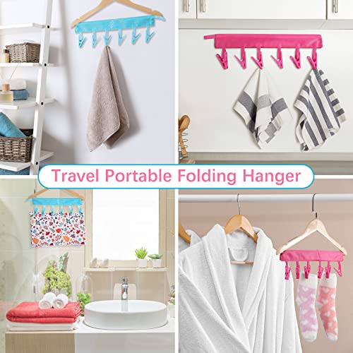 6 Pcs Portable Travel Hangers Foldable Cloth Socks Drying Hanger Multicolor Clothespin Clothes Hanger Travel Accessories Folding Clothes Drying Rack for Travel or Home, Blue, Watermelon Red, Rose Red