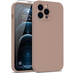 deenakin compatible with iphone 12 pro case with screen protector,enhance camera protection,soft silicone gel rubber bumper cover,slim fit protective phone case 6.1" for women girls light brown