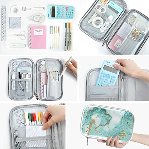 ZZKKO Turquoise and Gold Marble Pencil Bag Case Zipper Pencil Holder Organizer Stationary Pen Bag Cosmetic Makeup Bag Pouch Purse for School Office Supplies