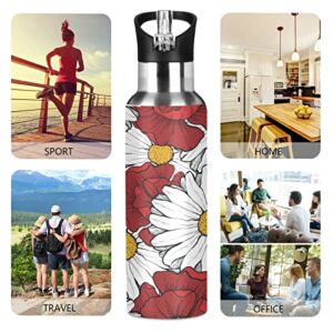 Poppies Daisies Leak Free Insulated Bottles with Handle 32 oz Vaccuum Bottle with Straw Lid Thermal Bottle for Hot & Cold Drinks BAP-Free