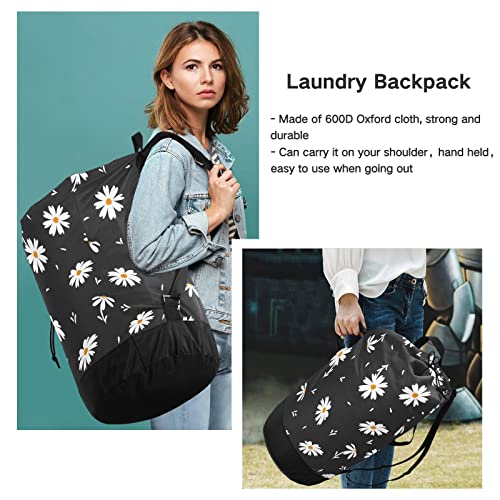 Kigai Small Daisy Travel Laundry Bag Waterproof Durable Large Laundry Backpack with Handles and Drawstring Closure Machine Washable Dirty Clothes Organizer Storage Bag Laundry Hamper