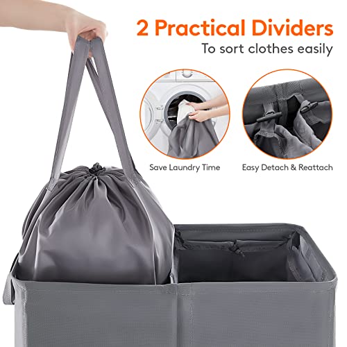 Lifewit 136L Double Laundry Hamper, Bundle with 105L Double Laundry Hamper with Lid and Removable Laundry Bags, Grey