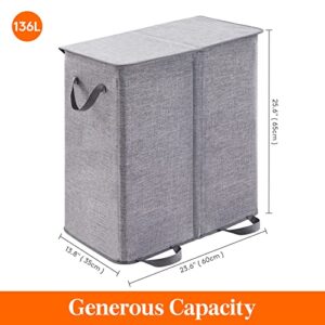 Lifewit 136L Double Laundry Hamper, Bundle with 105L Double Laundry Hamper with Lid and Removable Laundry Bags, Grey