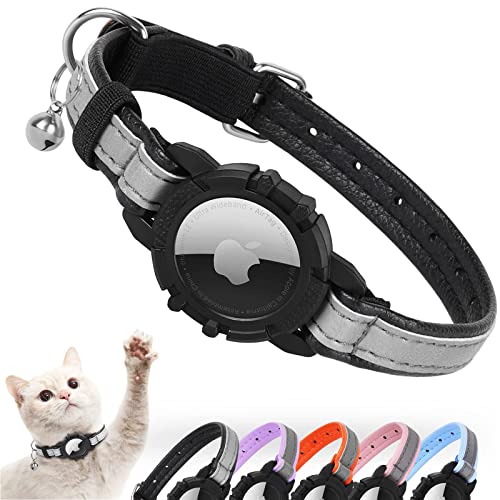 Reflective AirTag Cat Collar, FEEYAR Integrated Air Tag Cat Collar for Apple, Leather GPS Cat Collar with AirTag Holder and Bell [Black], Tracker Cat Collars for Girl Boy Cats, Kittens and Puppies