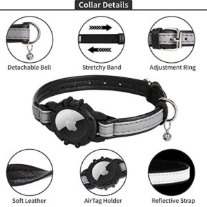 Reflective AirTag Cat Collar, FEEYAR Integrated Air Tag Cat Collar for Apple, Leather GPS Cat Collar with AirTag Holder and Bell [Black], Tracker Cat Collars for Girl Boy Cats, Kittens and Puppies