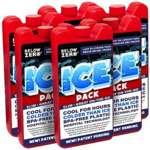 below zero reusable ice packs for large coolers and lunch bags – patent pending coldest and longest lasting technology, upto 8 hour cooling ice gel pack - factory sealed – 6 pack small