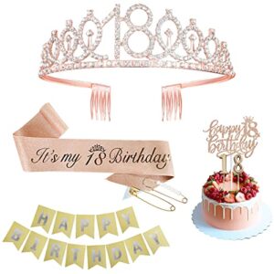 18th birthday decorations girl including18th birthday crown/tiara, sash, cake topper, and candles,18th birthday gifts for girls sweet 18 birthday decorations