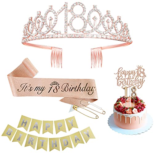 18th Birthday Decorations Girl Including18th Birthday Crown/Tiara, Sash, Cake Topper, and Candles,18th Birthday Gifts for Girls Sweet 18 Birthday Decorations