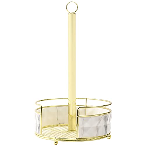 Koluti Paper Towel Holder Countertop, Farmhouse Kitchen Paper Roll Stand, Rustic Gold Metal Paper Towel Rack Organizer Storage for Dining Table, with Courtyard Fence, Marble Print Silicone Finish