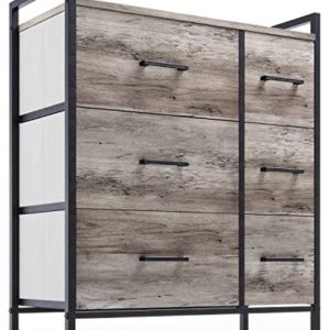 LINSY HOME Dresser for Bedroom, Chest of Drawers with Wood Top, 6 Drawer Nightstand with Fabric Drawers, Rustic Storage Dresser for Closet, Living Room, Hallway, Nursery, Kids, Greige