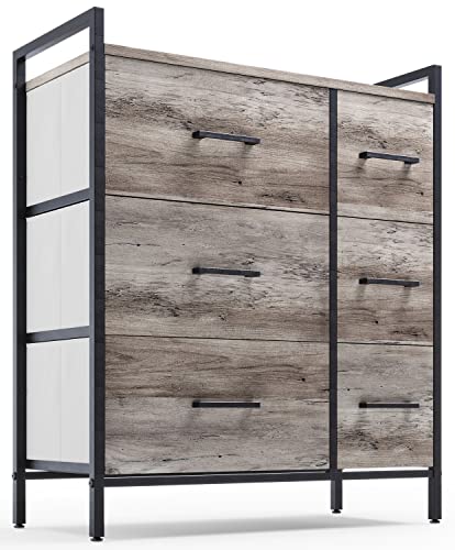 LINSY HOME Dresser for Bedroom, Chest of Drawers with Wood Top, 6 Drawer Nightstand with Fabric Drawers, Rustic Storage Dresser for Closet, Living Room, Hallway, Nursery, Kids, Greige