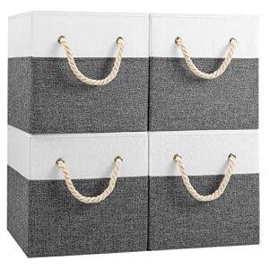 yawinhe collapsible storage basket 4-pack, open storage cube bins with thick rope handles, for organizing, shelves, toys, clothes, office, 12.6x12.6x12.6in, white/grey, snk033wg-4