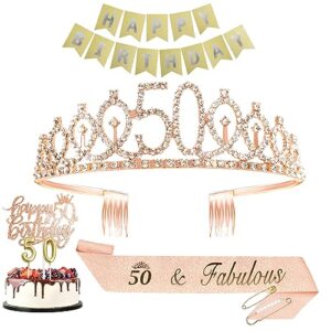 50th crown and sash set | include 50th tiara and "50 & fabulous" sash | happy birthday cake topper | 5&0 candles | birthday banner and peal pin | 50th birthday decoration for women lady 50 birthday gift