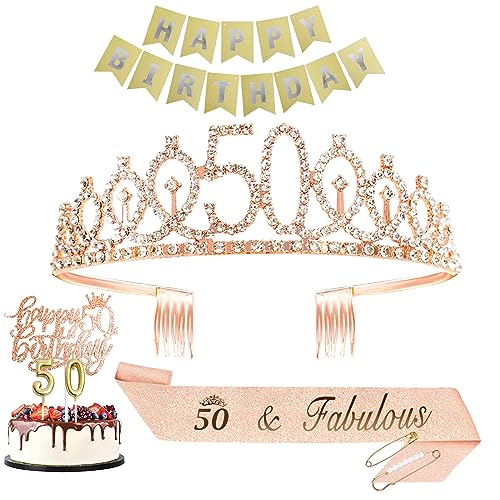 50th Crown and Sash Set | Include 50th Tiara and "50 & Fabulous" Sash | Happy Birthday Cake Topper | 5&0 Candles | Birthday Banner and Peal Pin | 50th Birthday Decoration for Women Lady 50 Birthday Gift