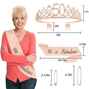 50th Crown and Sash Set | Include 50th Tiara and "50 & Fabulous" Sash | Happy Birthday Cake Topper | 5&0 Candles | Birthday Banner and Peal Pin | 50th Birthday Decoration for Women Lady 50 Birthday Gift