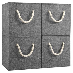 yawinhe collapsible storage basket 4-pack, open storage cube bins with thick rope handles, for organizing, shelves, toys, clothes, office, 12.6x12.6x12.6in, grey, snk033g-4