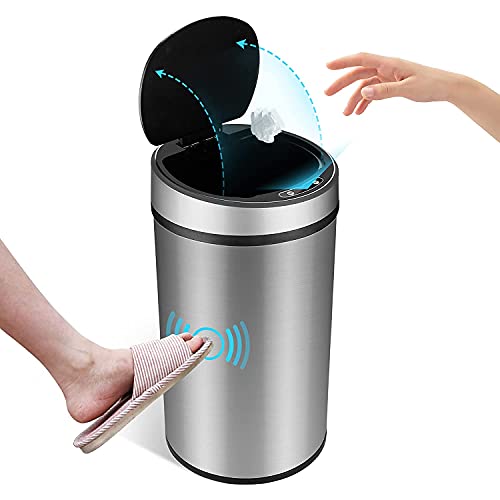 TekMango 8L Smart Touchless Sensor Trashcan for Home Kitchen Bedroom Living Room, 2 Gal Automatic Trash can for Office Hotel Restaurant Resort, Stainless Steel Infrared Motion Trash Can-Silver