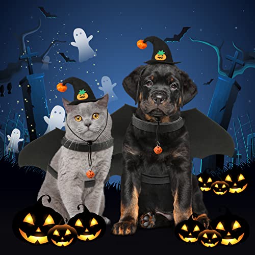 POPETPOP Dog Bat Halloween Costume- Pet Costume Bat Wings Wizard Hat with Pumpkin Bell for Small Medium Dogs Cats Cosplay Halloween Party Decoration