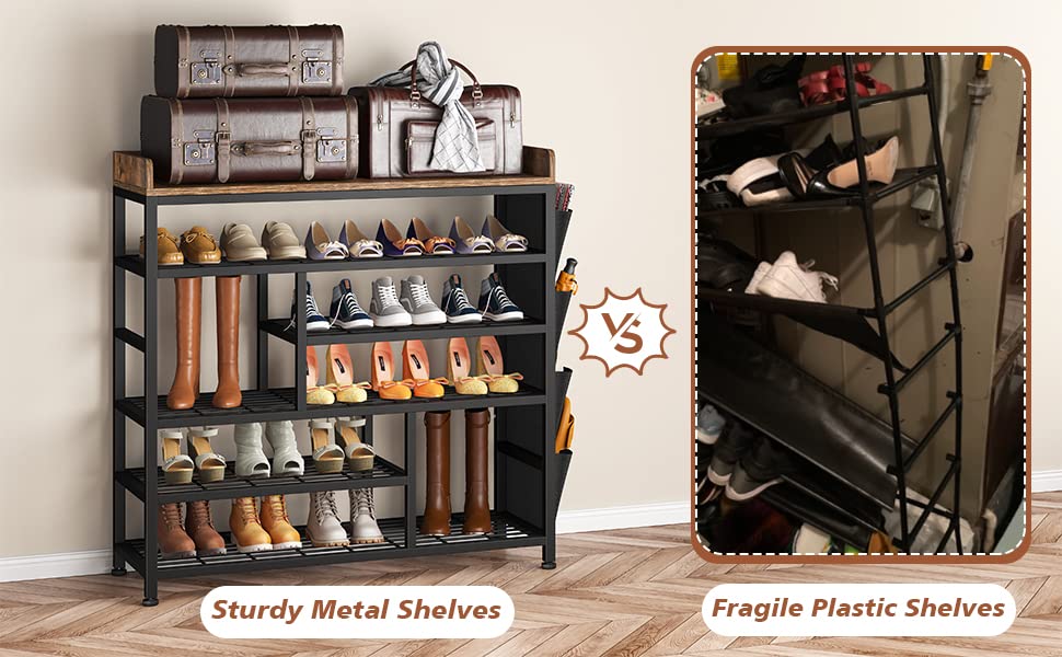 EnHomee Shoe Rack for Entryway Metal Shoe Racks with Boots Storage for 18-22 Pairs Free Standing Entryway Shoes Rack Sturdy Shoe Shelf Wooden Top & Side Pocket for Entry, Entrance, Hallway, Black