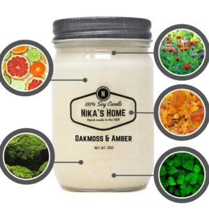 Nika's Home Oakmoss & Amber Soy Candle 12oz Mason Jar Non-Toxic White Soy Handmade, Long Burning 50-60 Hours Highly Scented All Natural, Clean Burning Candle Gift Décor