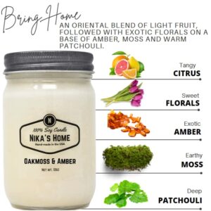 Nika's Home Oakmoss & Amber Soy Candle 12oz Mason Jar Non-Toxic White Soy Handmade, Long Burning 50-60 Hours Highly Scented All Natural, Clean Burning Candle Gift Décor