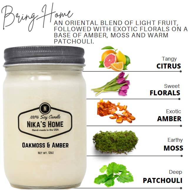 Nika's Home Oakmoss & Amber Soy Candle 12oz Mason Jar Non-Toxic White Soy Handmade, Long Burning 50-60 Hours Highly Scented All Natural, Clean Burning Candle Gift Décor