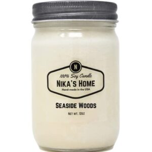 nika's home seaside wood soy candle 12oz mason jar non-toxic white soy handmade, long burning 50-60 hours highly scented all natural, clean burning large candle gift décor