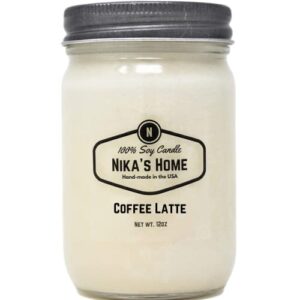nika's home coffee latte soy candle - 12oz mason jar - non-toxic soy candle-hand poured candle- handmade, long burning candle-highly scented candle-all natural, clean burning candle