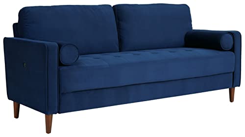 Signature Design by Ashley Darlow Modern Velvet Sofa with Bolster Pillows & USB Ports, Blue