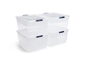 rubbermaid 71 qt. cleverstore clear bundle with tray inserts, pack of 4, clear plastic storage bins with built-in handles to maximize storage, great for large and small items