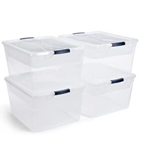 Rubbermaid 71 Qt. Cleverstore Clear Bundle with Tray Inserts, Pack of 4, Clear Plastic Storage Bins with Built-In Handles to Maximize Storage, Great for Large and Small Items