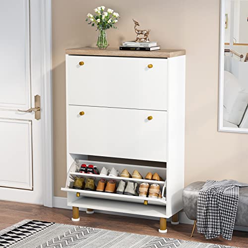 Tribesigns 3 Drawer Shoe Cabinet, Freestanding Shoe Rack Storage Organizer with Flip Door, Modern Tipping Bucket Shoe Cabinet for Entryway, Hallway, Bedroom, Small Spaces, White