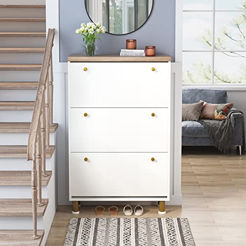 Tribesigns 3 Drawer Shoe Cabinet, Freestanding Shoe Rack Storage Organizer with Flip Door, Modern Tipping Bucket Shoe Cabinet for Entryway, Hallway, Bedroom, Small Spaces, White