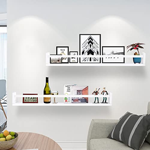 AZSKY Nursery Room Shelves 36 Inch White Floating Bookshelves for Kids Wall Mounted Wood Floating Book Shelf and Picture Ledge for Frames Living Room Decorative Organizer Set of 2