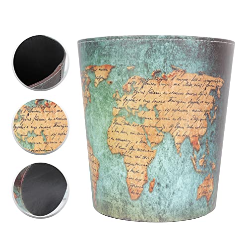 Cabilock Waste Paper Basket Vintage Leather Trash World map Trash can Decorative Trash can Retro Garbage European Style Trash Container