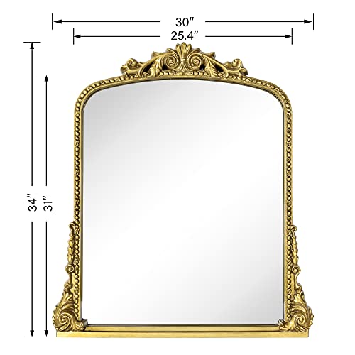 VANA NALA Antiqued Gold Ornate Mirror Arched Mantel Wall Mirror Baroque Inspired Bathroom Vanity Rectangle Wall Mounted Mirror, 30 x 34''