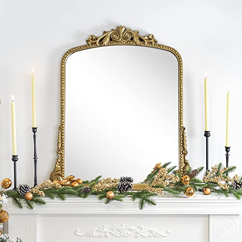 VANA NALA Antiqued Gold Ornate Mirror Arched Mantel Wall Mirror Baroque Inspired Bathroom Vanity Rectangle Wall Mounted Mirror, 30 x 34''