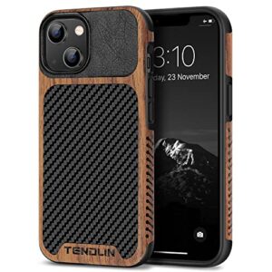 tendlin compatible with iphone 14 case wood grain with carbon fiber texture design leather hybrid slim case black