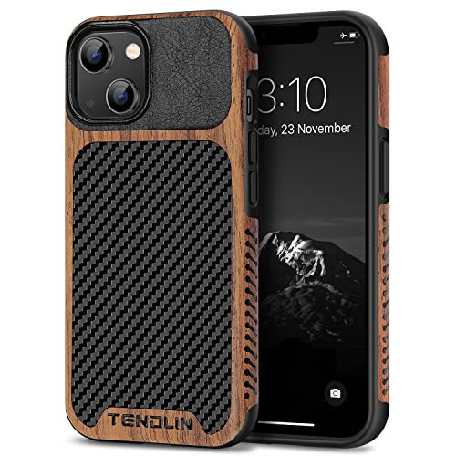 TENDLIN Compatible with iPhone 14 Case Wood Grain with Carbon Fiber Texture Design Leather Hybrid Slim Case Black