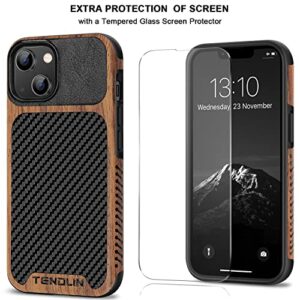 TENDLIN Compatible with iPhone 14 Case Wood Grain with Carbon Fiber Texture Design Leather Hybrid Slim Case Black