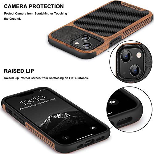 TENDLIN Compatible with iPhone 14 Case Wood Grain with Carbon Fiber Texture Design Leather Hybrid Slim Case Black